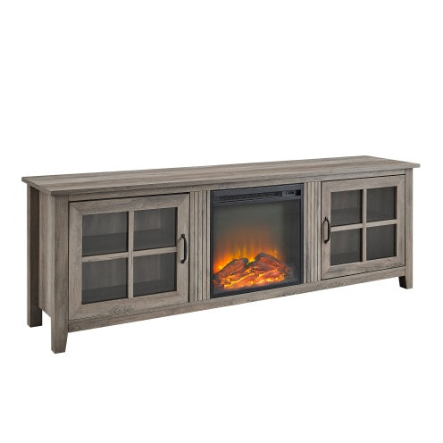 Modern Farmhouse-Door Glass Windowpane Fireplace TV Stand For TVs - Grey Wash