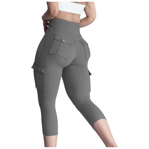 Women Cropped Cargo Pants Wide Leg Plus Size Hiking Cargo Capris Elastic High Waist Cargo Sweatpants Urban Work Pants Grey