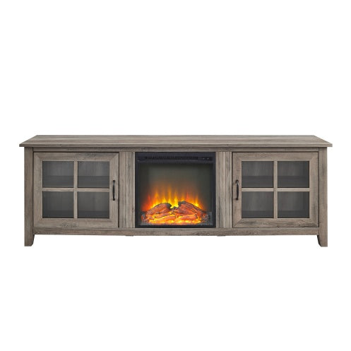 Modern Farmhouse-Door Glass Windowpane Fireplace TV Stand For TVs - Grey Wash