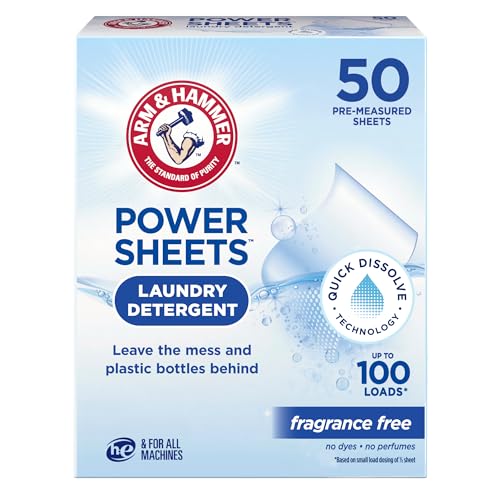 Arm & Hammer Power Sheets Laundry Detergent, Fragrance Free 50ct, 50 loads