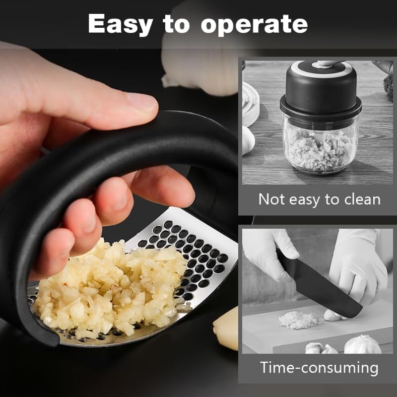 Garlic Press Rocker, Portable Manual Stainless Steel Garlic Press Rocker Crusher Masher with Garlic Peeling Drum for Home Kitchen Utensils (Black)