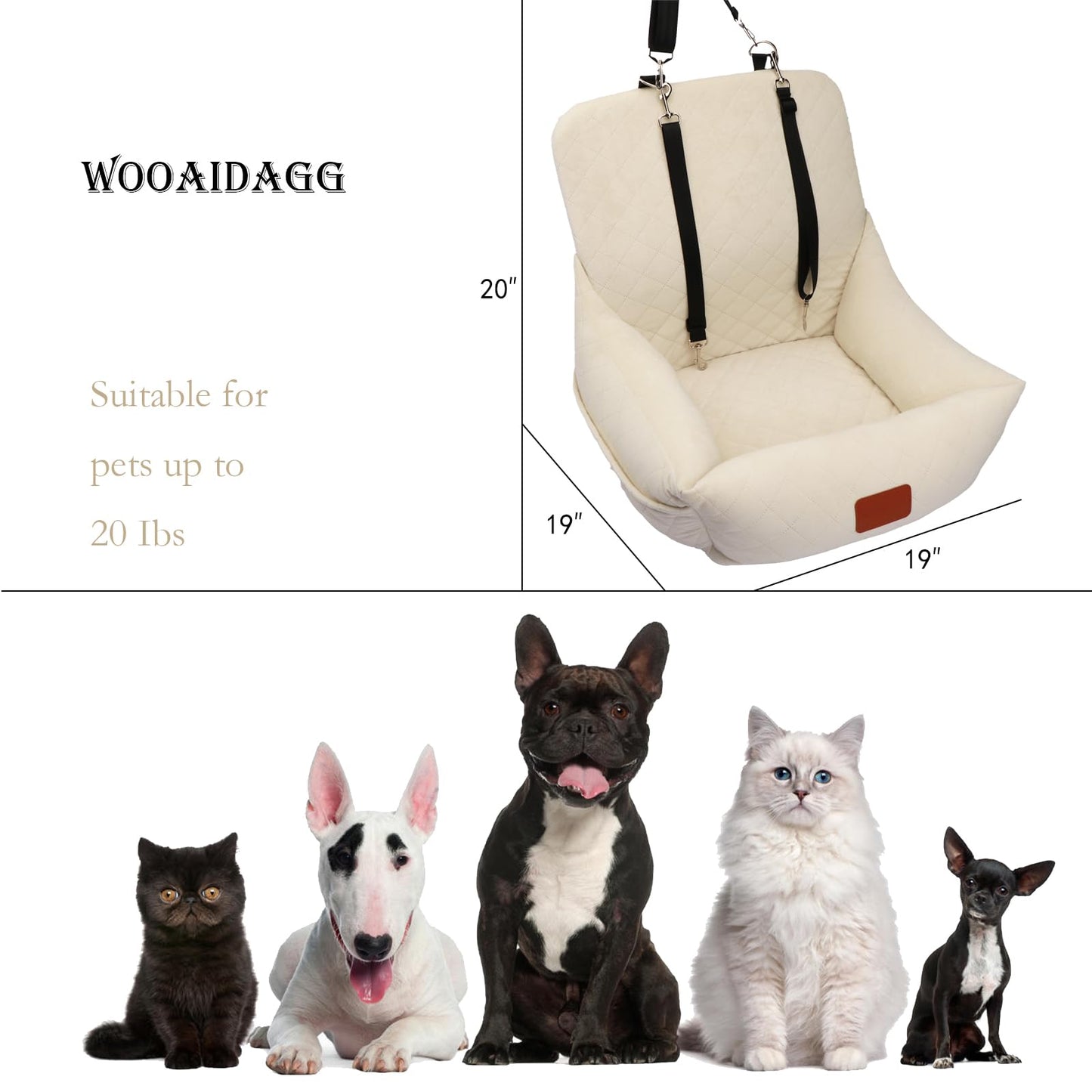 WOOAIDAGG Dog Car Seat for Small Dogs,Ultra-Soft Fabric Car Dog Seat with Storage Pockets,Extra Stable Pet Portable Car Seat wtih Safety Leash and Adjustable Straps,Easy to Install(Beige)