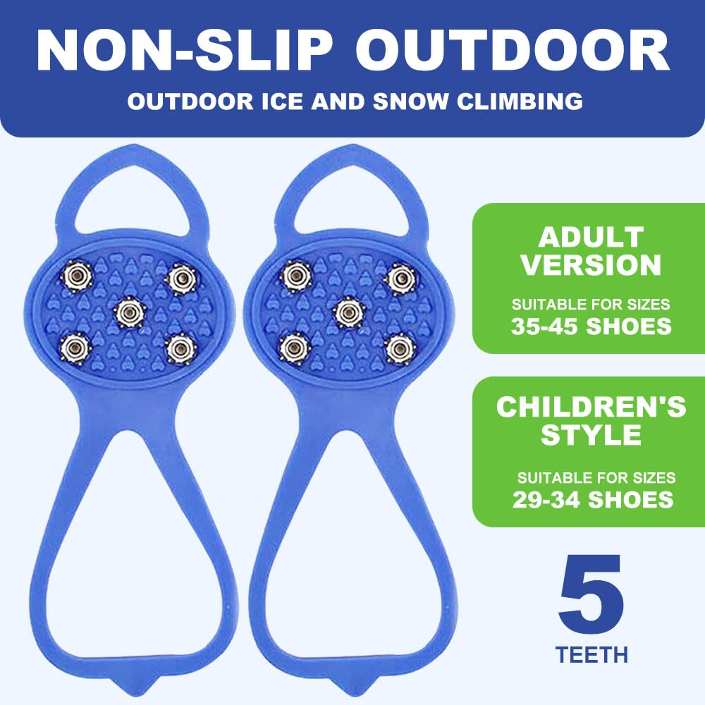 Universal Non-Slip Gripper Spikes, New Universal Gripper Spikes Non Slip Shoe Grips with 5 Tooth Steel Nails, Traction Cleats Ice Snow Grips Anti Slip Silicone for Ice Sports (Blue, Child)