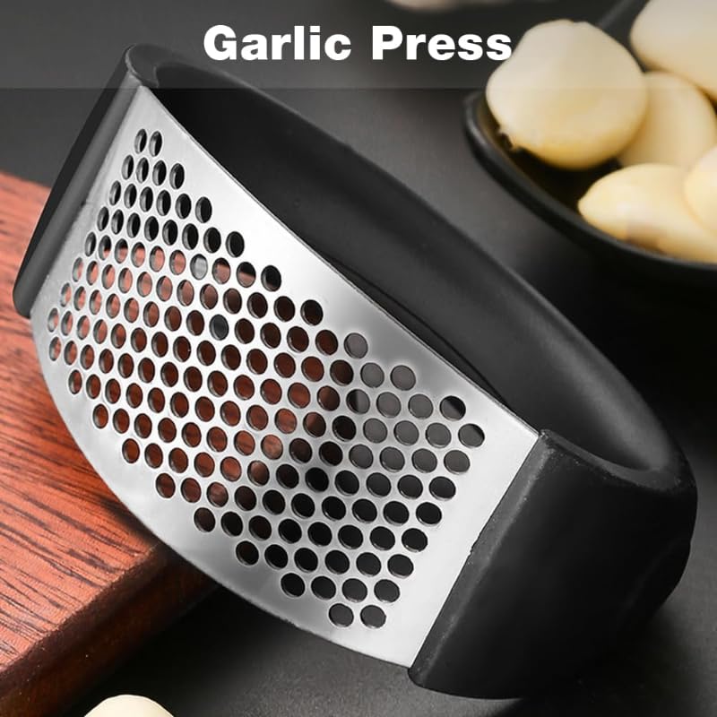 Garlic Press Rocker, Portable Manual Stainless Steel Garlic Press Rocker Crusher Masher with Garlic Peeling Drum for Home Kitchen Utensils (Black)