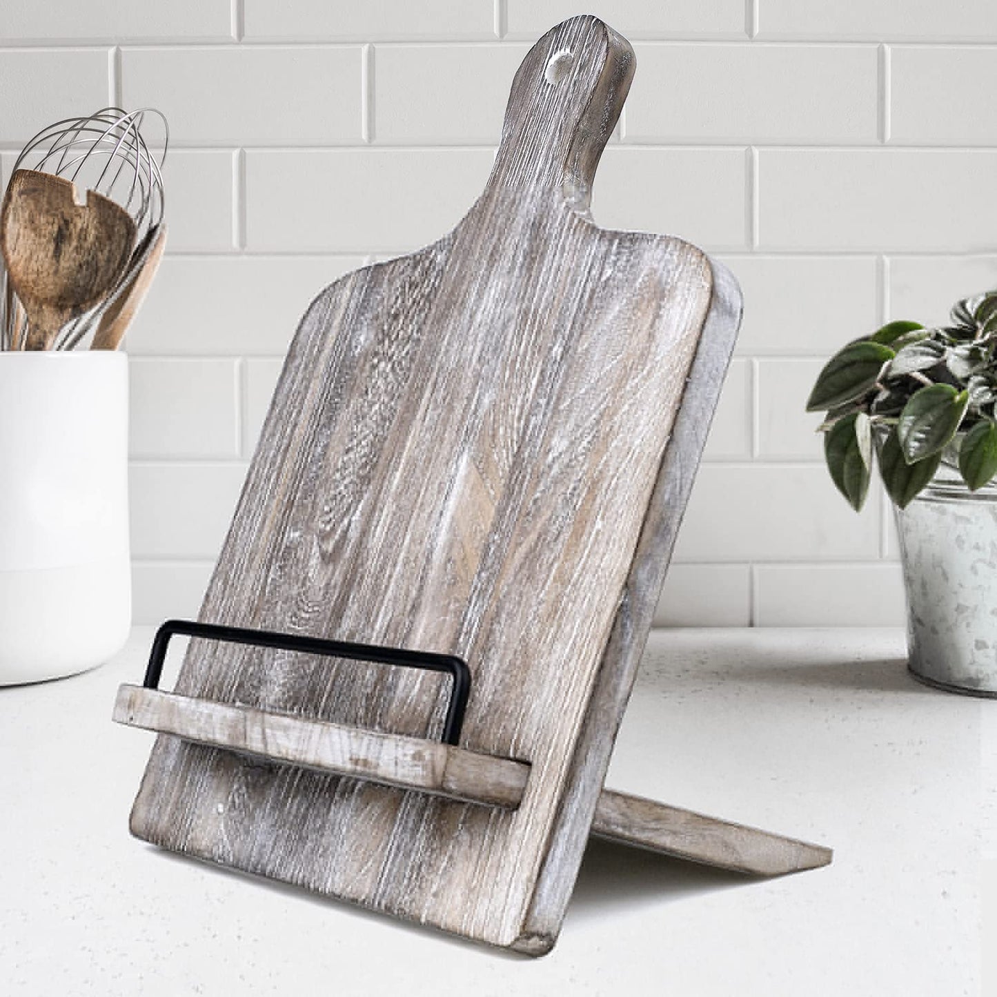 Cookbook Holder | Wood Cookbook Stand (Rustic Grey) Adjustable Pull-Out Recipe Holder Stand for Kitchen, Dining Room, Bedroom