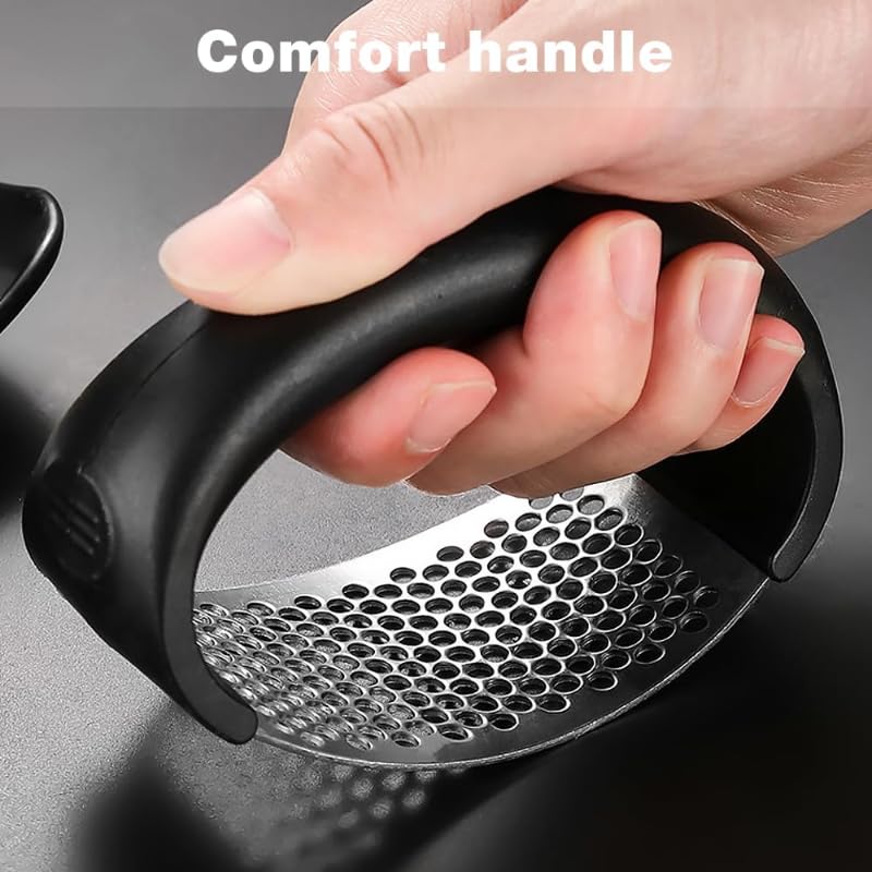 Garlic Press Rocker, Portable Manual Stainless Steel Garlic Press Rocker Crusher Masher with Garlic Peeling Drum for Home Kitchen Utensils (Black)