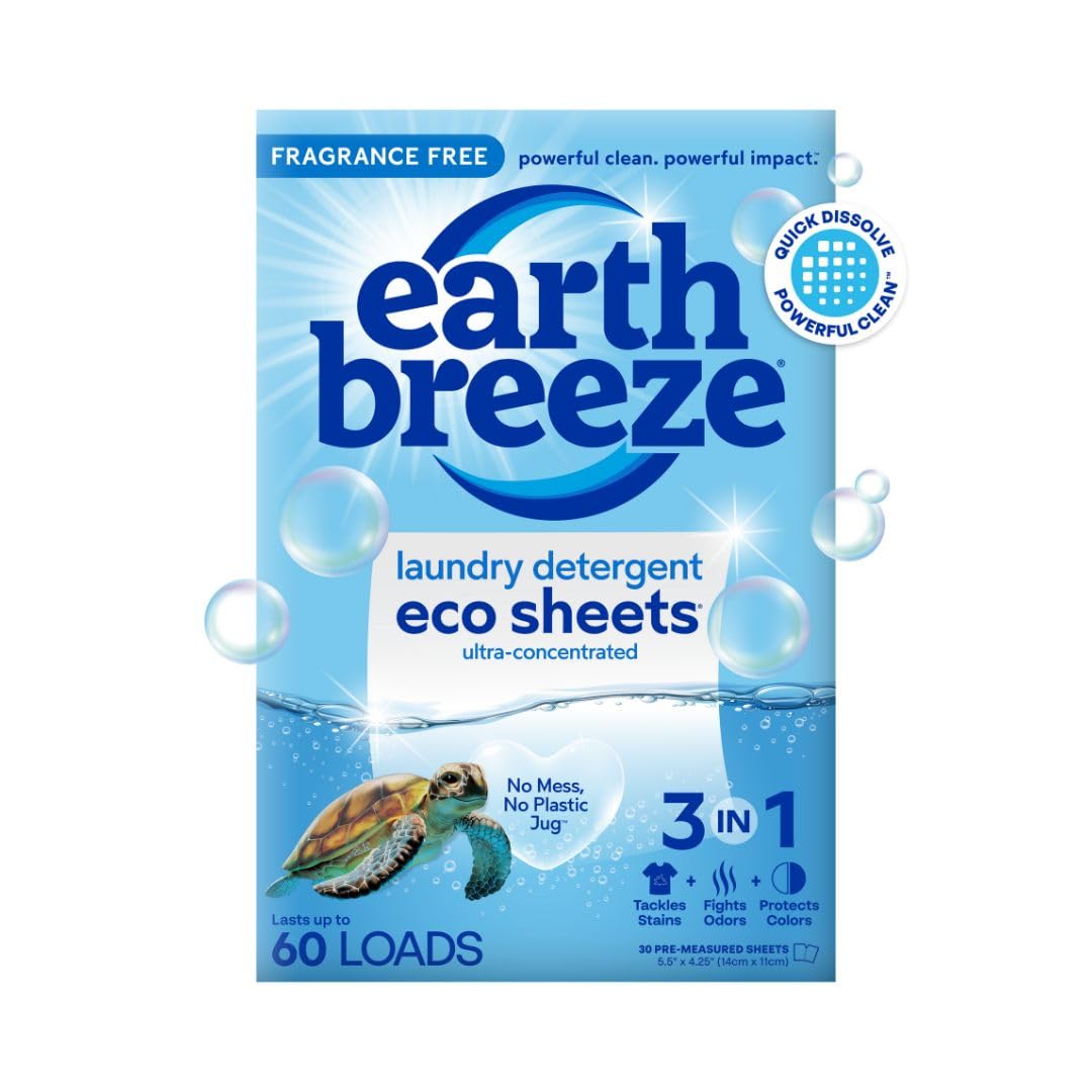 Earth Breeze Laundry Detergent Sheets - 30 Detergent Sheets - 60 Loads - Concentrated Liquidless Laundry Soap - No Plastic Jug - Fragrance-Free