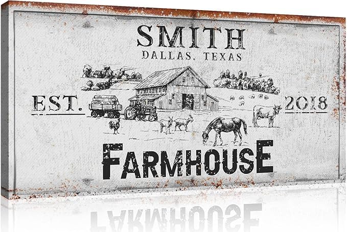 Tailored Canvases Farmhouse Sign - Large Rustic Farmhouse Wall Decor Art Decor for Home, Living Room, Office, Entryway - Personalized Rustic Print Canvas Barn, Tractor and Farm Animals 20in x 10in