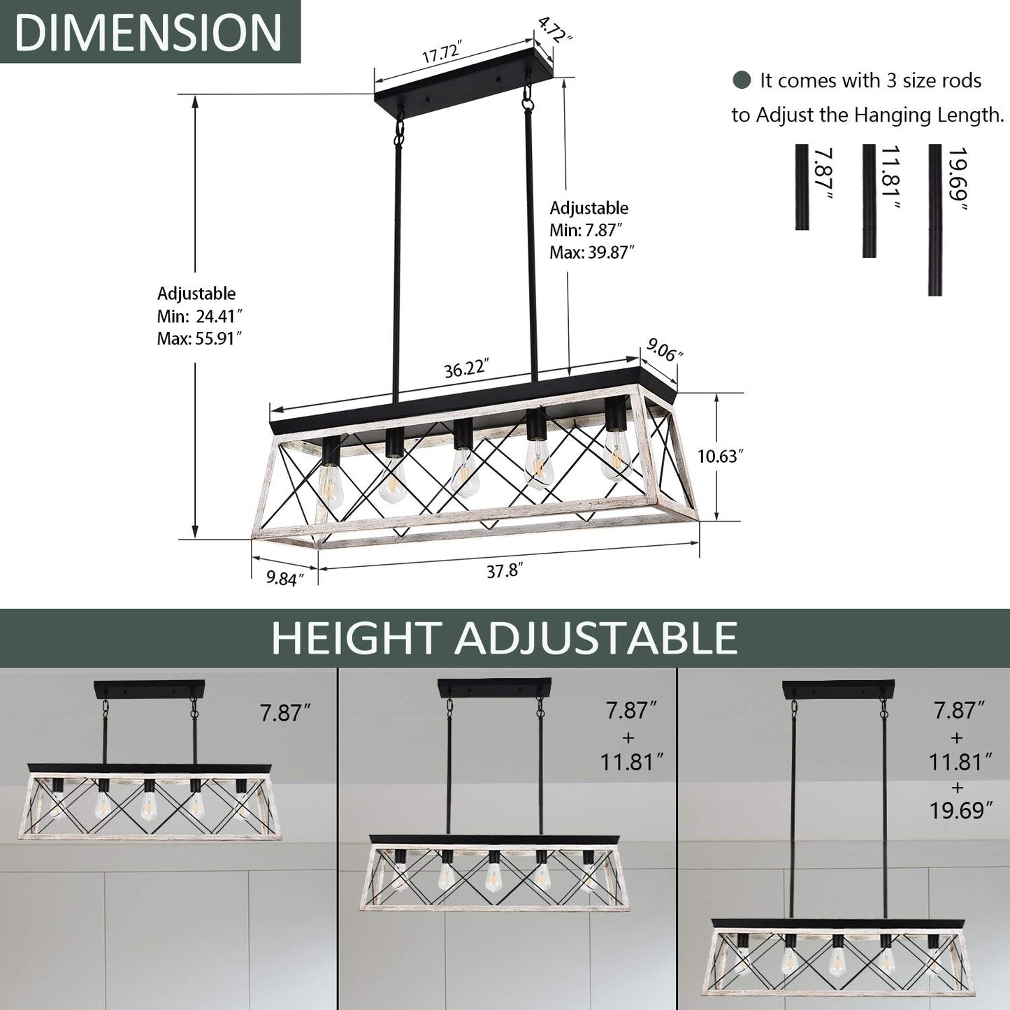 Luupyia Farmhouse Rectangular Chandelier Rustic, 5-Lights Kitchen Island Lighting, Linear Island Light Fixture Farmhouse Pendant Lighting Fixtures for Dining Room Pool Table Beige