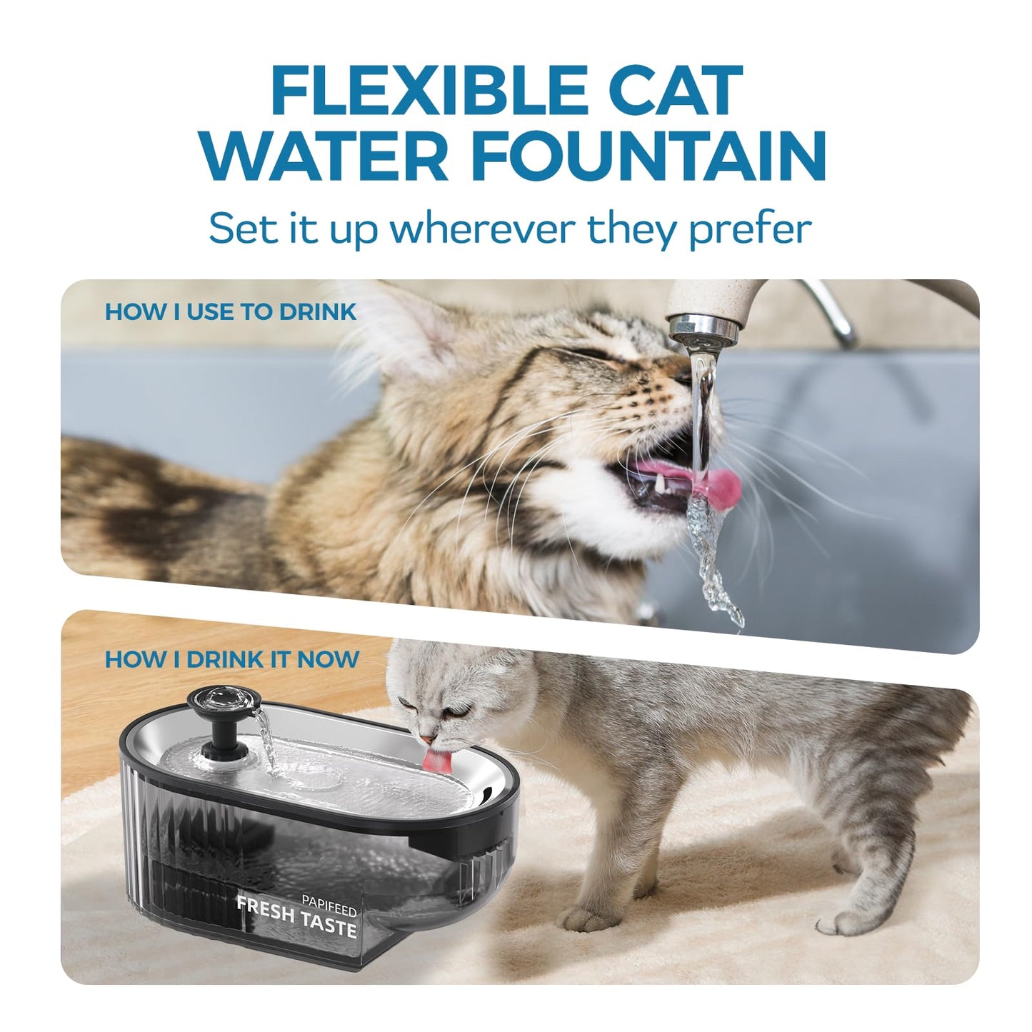 Cat Water Fountain + Stainless Steel Tray + 3 Filters + 2 Sponges - 84oz/2.5L Automatic Pet Water Fountain Dog Water Dispenser with a Stainless Steel Tray, Easy Cleaning for Cats, Dogs - Black