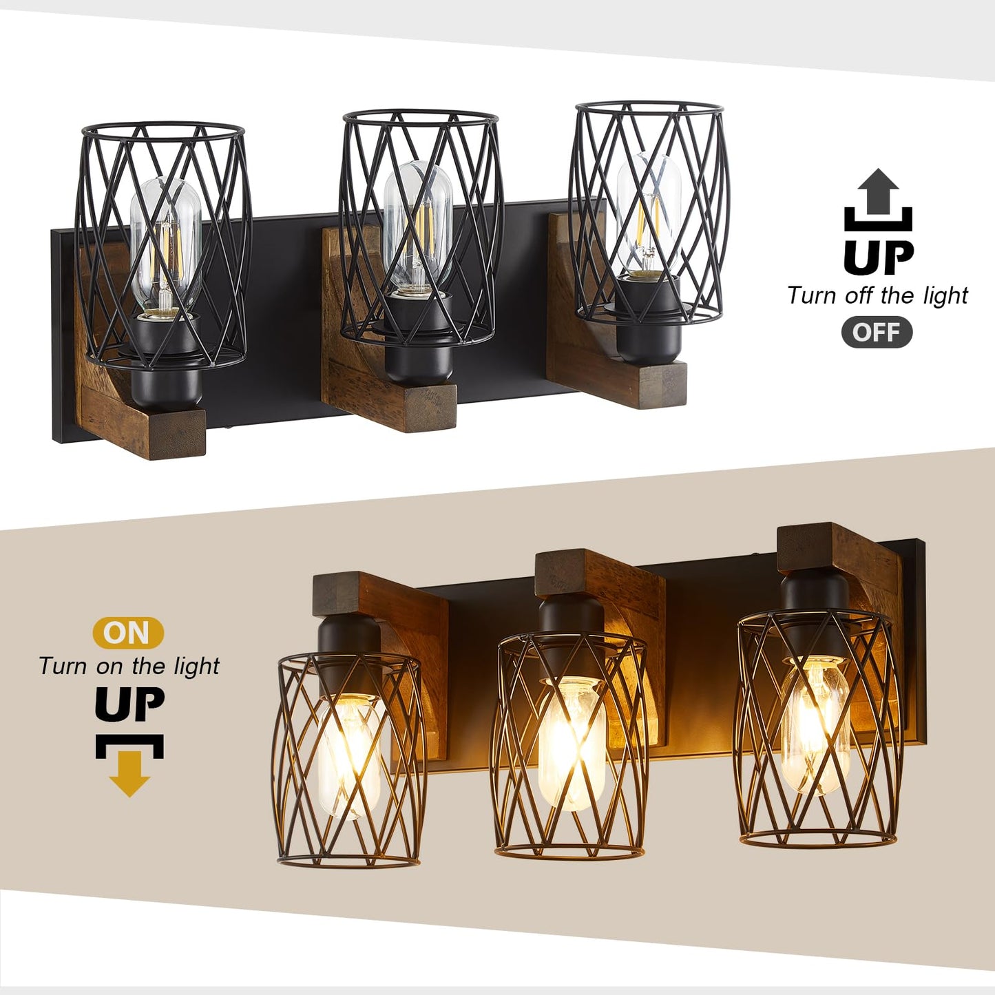 Farmhouse Bathroom Light Fixtures, Wood Bathroom Lighting Fixtures Over Mirror, 3-Light Vanity Light Fixture with Cage Metal Shade, Black Rustic Vanity Light for Bathroom, Hallway