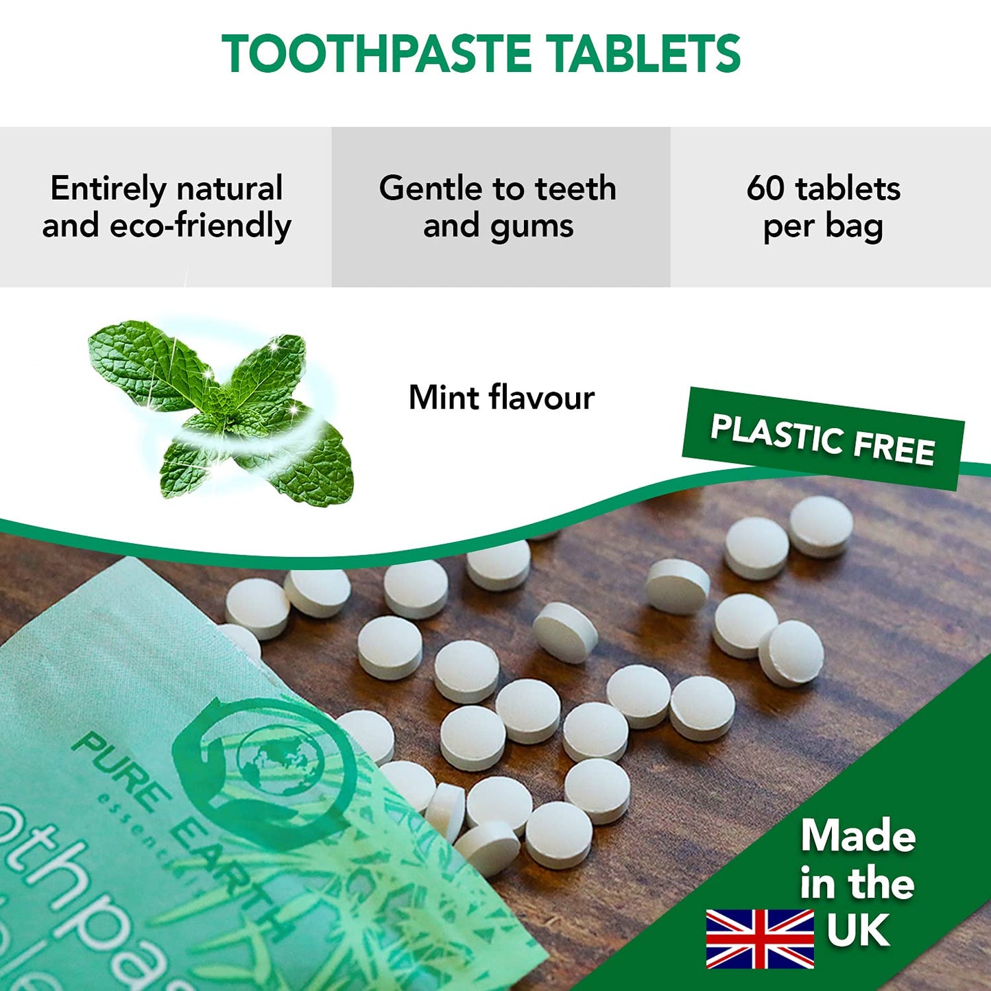 Zero Waste Toothpaste Tablets with Fluoride - Travel Toothpaste Tablets for Healthy Teeth & Fresh Breath - Vegan & Eco Friendly Travel Size Toothpaste - 60 Count by Pure Earth Essentials