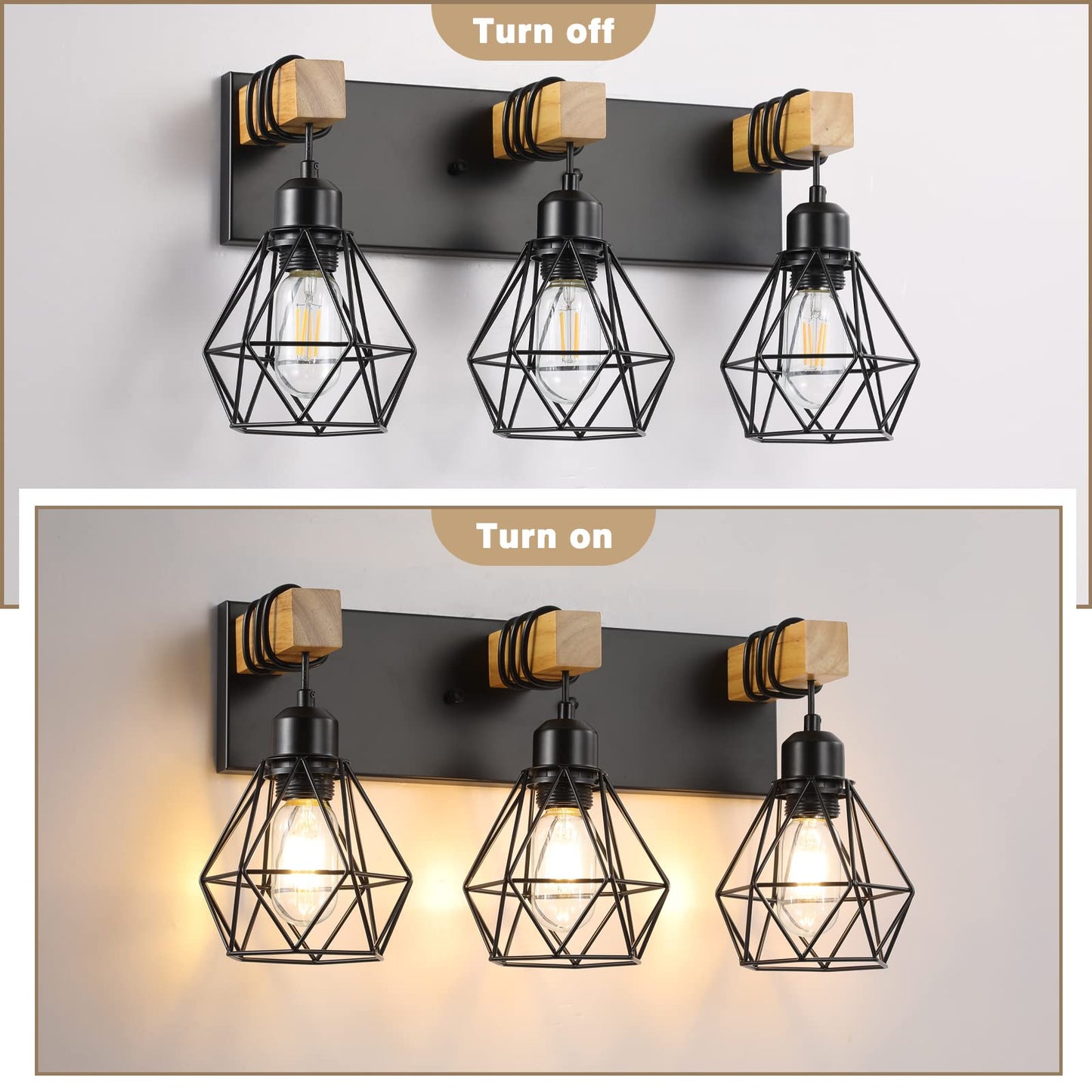 Farmhouse Bathroom Vanity Light Fixtures, 3-Light Wood Bathroom Light Fixtures Over Mirror, Rustic Sconces Wall Lighting with Elegant Metal Lampshade for Living Room, Bedroom, Hallway