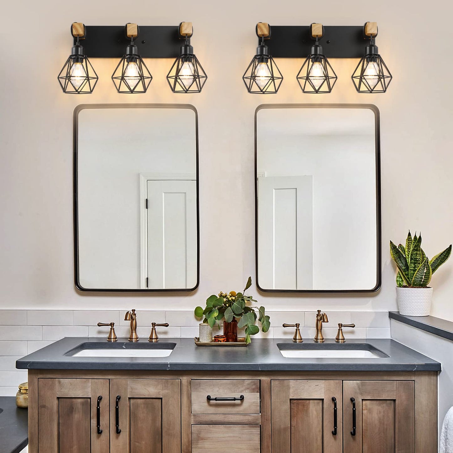 Farmhouse Bathroom Vanity Light Fixtures, 3-Light Wood Bathroom Light Fixtures Over Mirror, Rustic Sconces Wall Lighting with Elegant Metal Lampshade for Living Room, Bedroom, Hallway