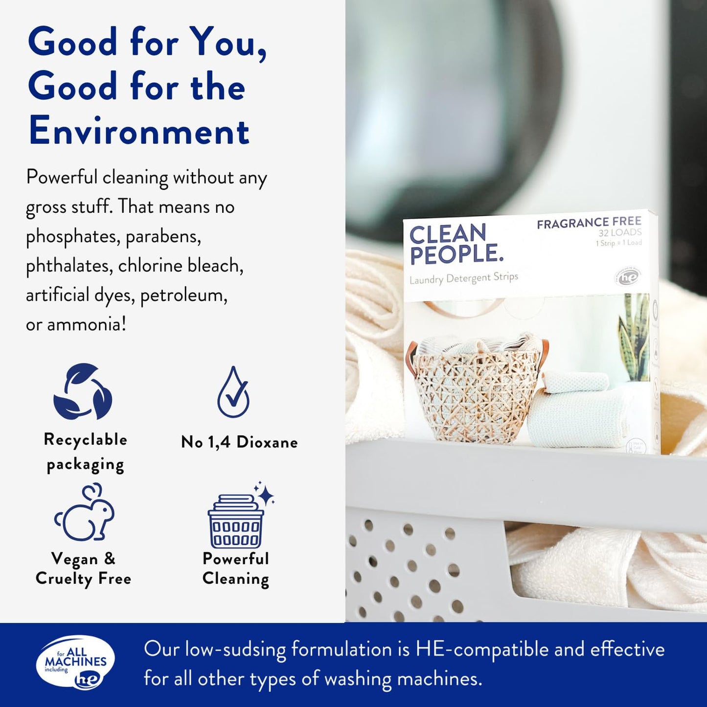 The Clean People Fragrance Free Laundry Detergent Sheets - Hypoallergenic Laundry Soap - Ultra Concentrated, Recyclable Packaging, Stain Fighting - Fragrance Free, 32 Pack