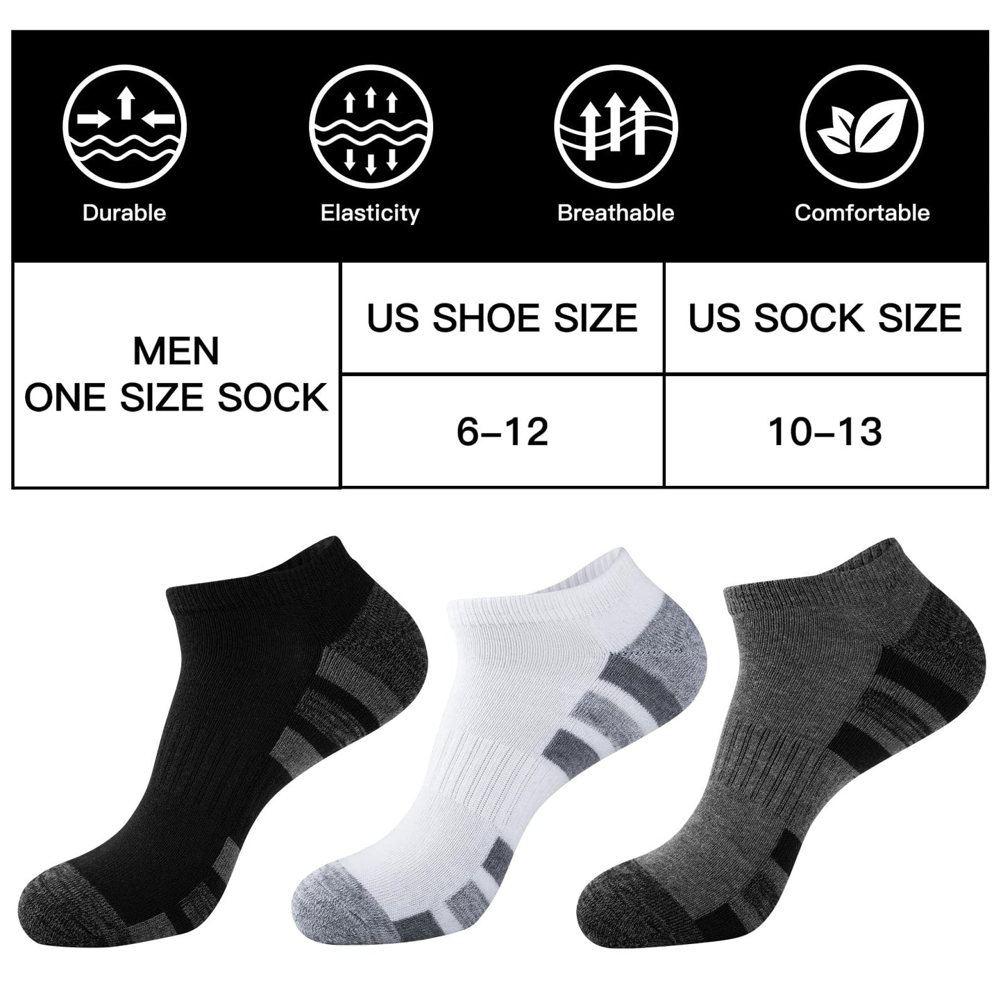 COOVAN 12 Pack Mens Ankle Socks Low Cut Cushioned Comfort Breathable Casual Socks 12 pairs