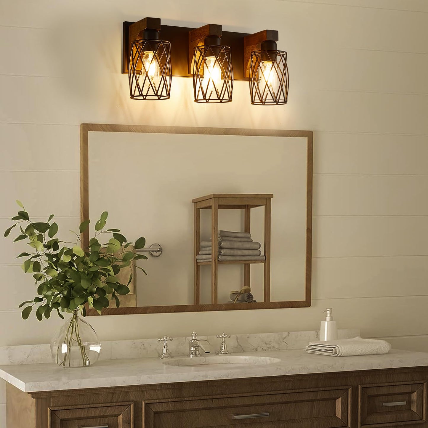 Farmhouse Bathroom Light Fixtures, Wood Bathroom Lighting Fixtures Over Mirror, 3-Light Vanity Light Fixture with Cage Metal Shade, Black Rustic Vanity Light for Bathroom, Hallway