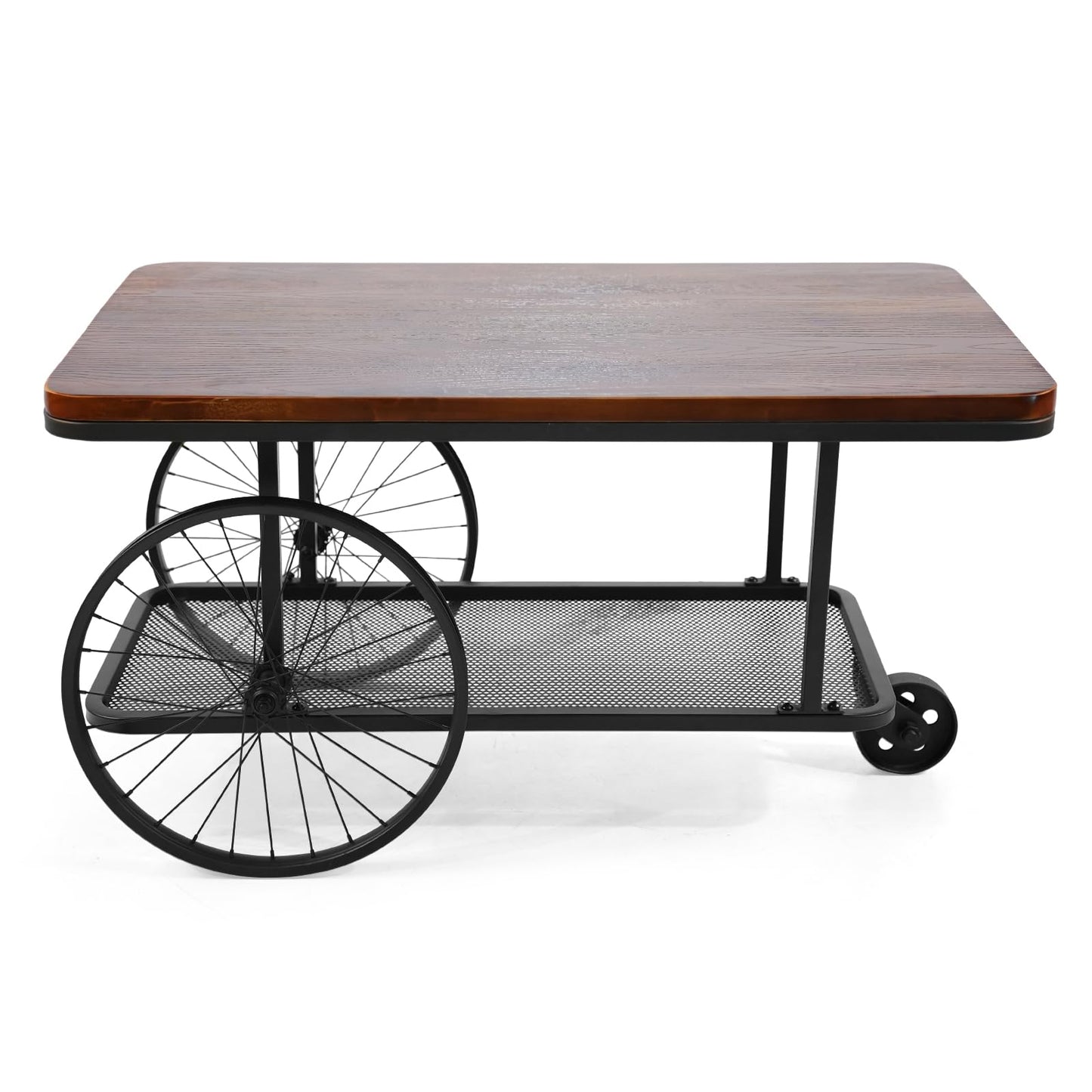 Topower Farmhouse Double Layer Iron Cart Wooden Desktop Center Table, Industrial Style Coffee Table with Wheels for Living Room, Bedroom, Coffee Shop, Black