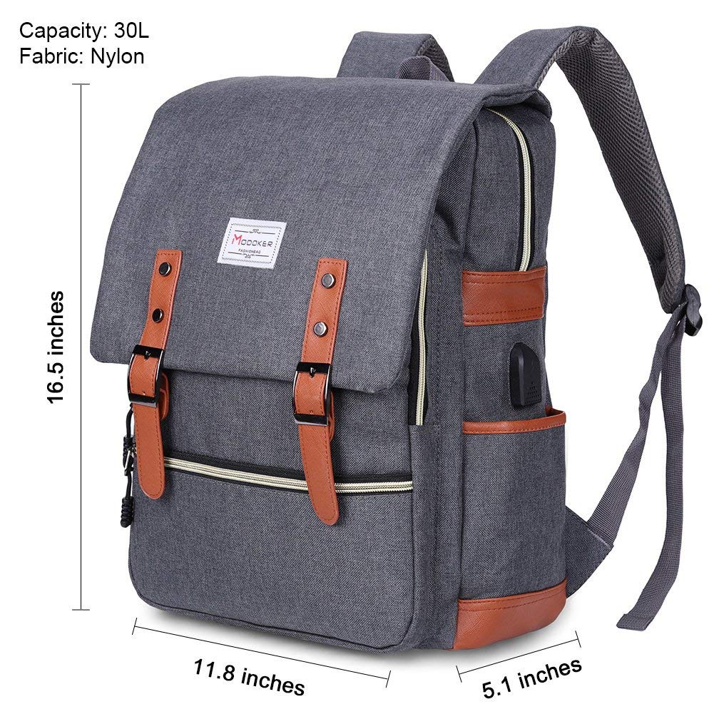 Modoker Vintage Laptop Backpack for Women Men,Travel Backpacks with USB Charging Port Fashion Backpack Fits 15.6Inch Notebook, Grey