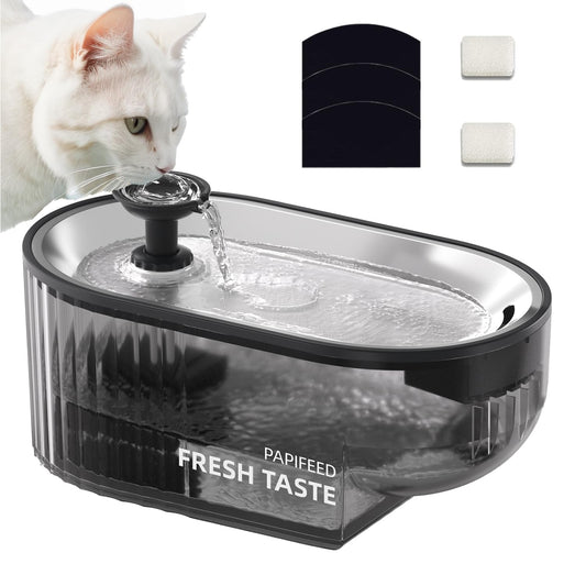 Cat Water Fountain + Stainless Steel Tray + 3 Filters + 2 Sponges - 84oz/2.5L Automatic Pet Water Fountain Dog Water Dispenser with a Stainless Steel Tray, Easy Cleaning for Cats, Dogs - Black