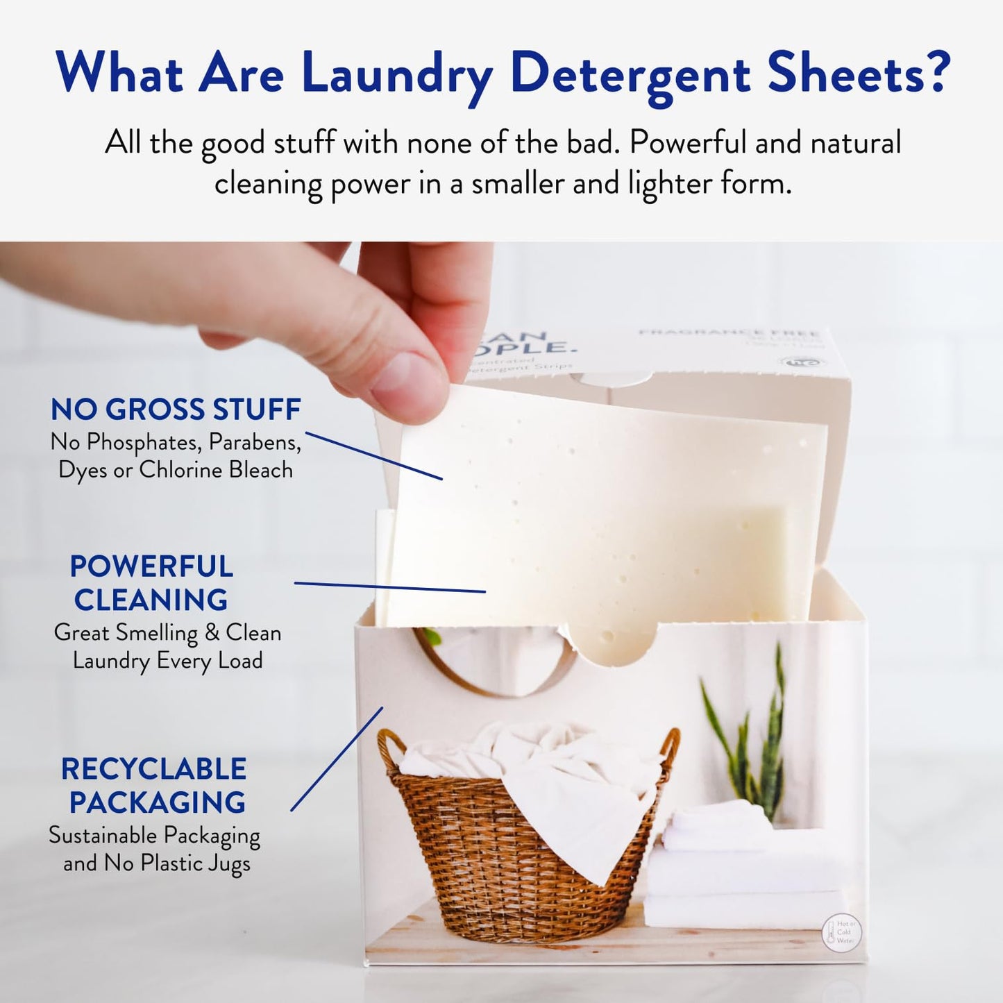 The Clean People Fragrance Free Laundry Detergent Sheets - Hypoallergenic Laundry Soap - Ultra Concentrated, Recyclable Packaging, Stain Fighting - Fragrance Free, 32 Pack