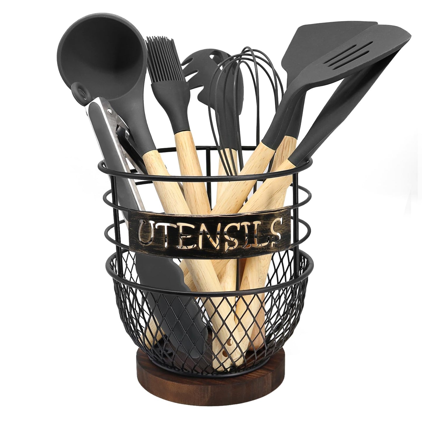 SODSAI Large Utensils Holder in Sleek Matte Black with Rustic Wooden Base for Modern Kitchens - Spacious, Rustproof Organizer for Cooking Utensils, Countertop Essentials & More