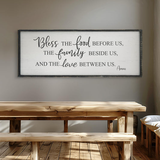 Bless The Food Before Us Home Decor Wall Sign For Family Kitchen Farmhouse Dining Room Vintage Rustic Retro Boho Wood House Wall Art Decoration For Living Room Bedroom 40 x 15 Inch white black