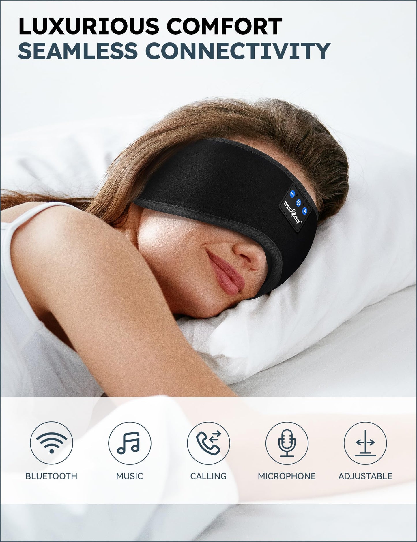 MUSICOZY Sleep Headphones, Bluetooth 5.2 Sleep Mask Headband Headphones Sleeping Eye Mask, Wireless Music Earbuds Earphones with HD Headphones Ultra-Thin Stereo Speakers for Side Sleepers Men Women