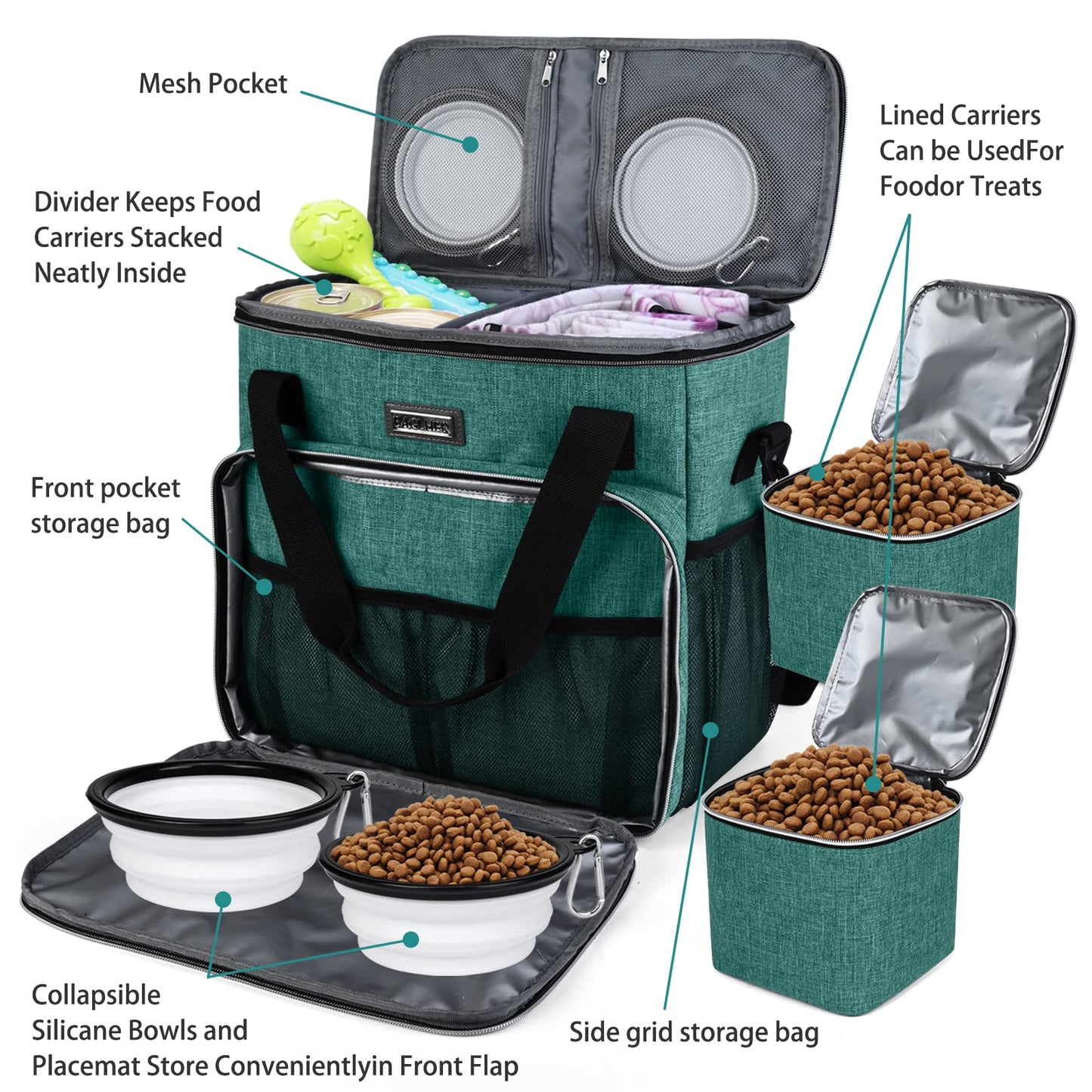 BAGLHER Dog Travel Bag, Pet Travel Bag (All Pet Travel Supplies), with 2 Pet Food Containers and 3 Collapsible Silicone Bowls; Essential Kits for Pet Travel Green