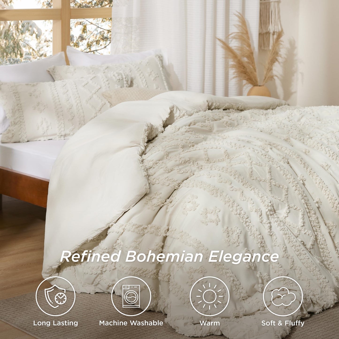 Bedsure Tufted Boho Comforter Set King Size - Beige Boho Bedding Comforter Set, 3 Pieces Farmhouse Shabby Chic Embroidery Bed Set, Gifts for Woman, Soft Jacquard Comforter for All Seasons