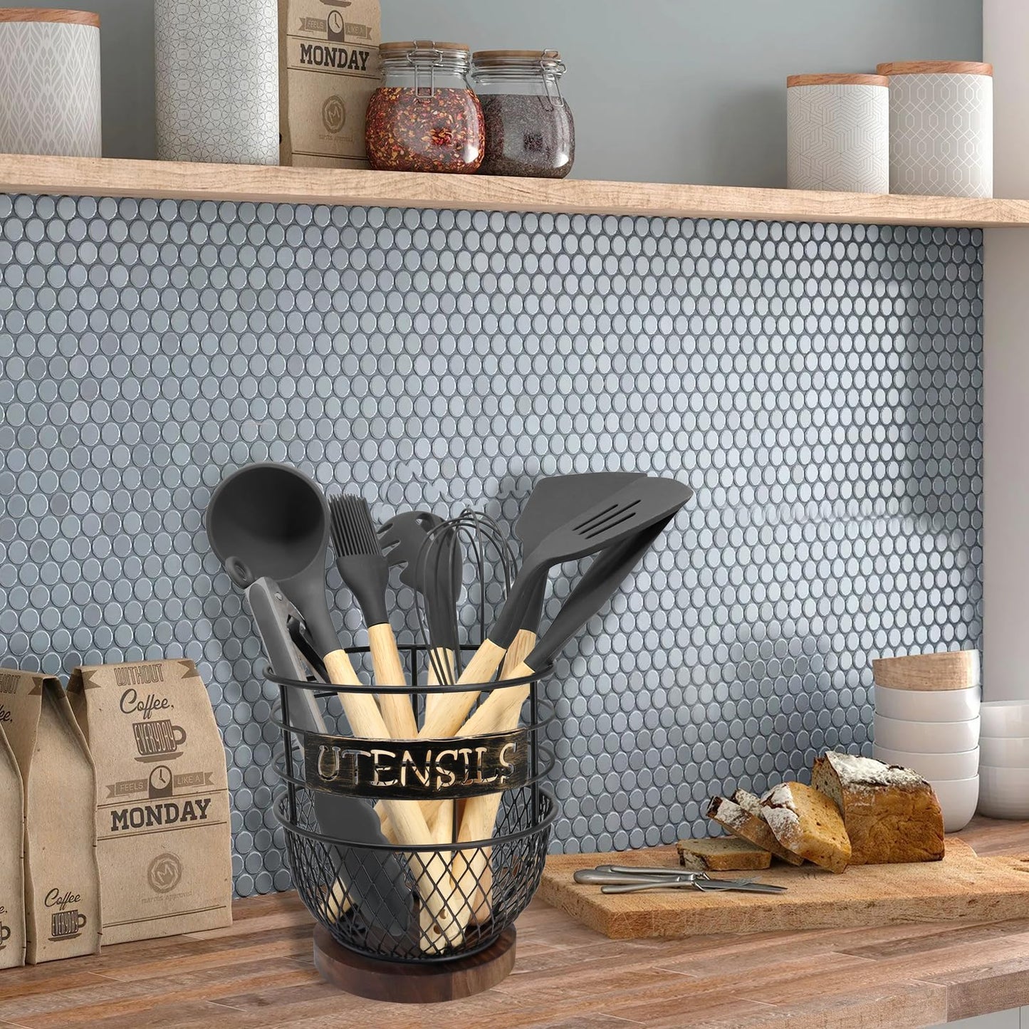 SODSAI Large Utensils Holder in Sleek Matte Black with Rustic Wooden Base for Modern Kitchens - Spacious, Rustproof Organizer for Cooking Utensils, Countertop Essentials & More