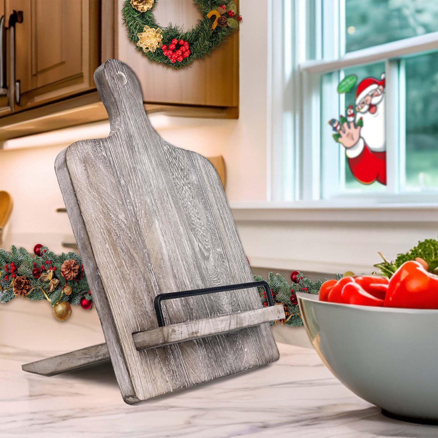 Cookbook Holder | Wood Cookbook Stand (Rustic Grey) Adjustable Pull-Out Recipe Holder Stand for Kitchen, Dining Room, Bedroom