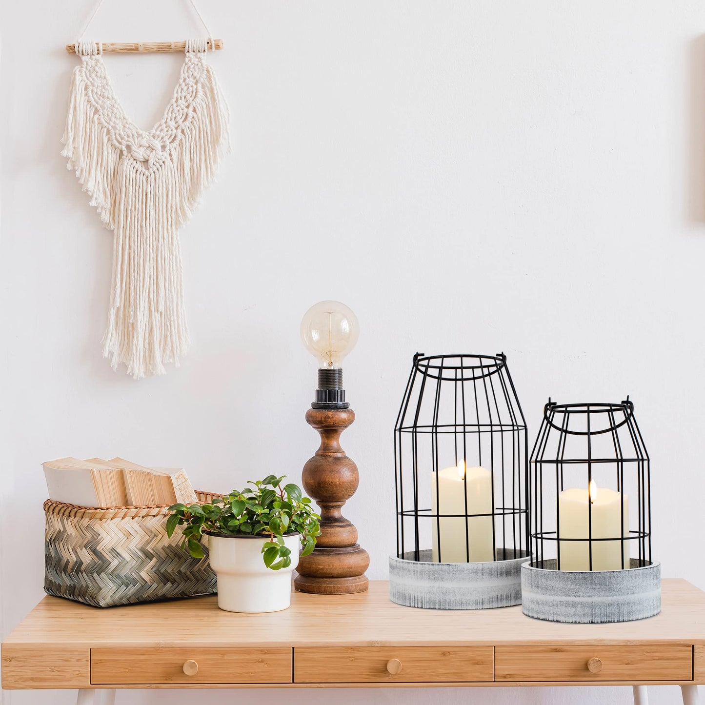 Rustic Farmhouse Lantern Decor Set of 2 - Stylish Decorative Lanterns for Your Living Room, Fireplace Mantle or Kitchen Dining Table - Modern Upscale Beauty for Your Entire Home