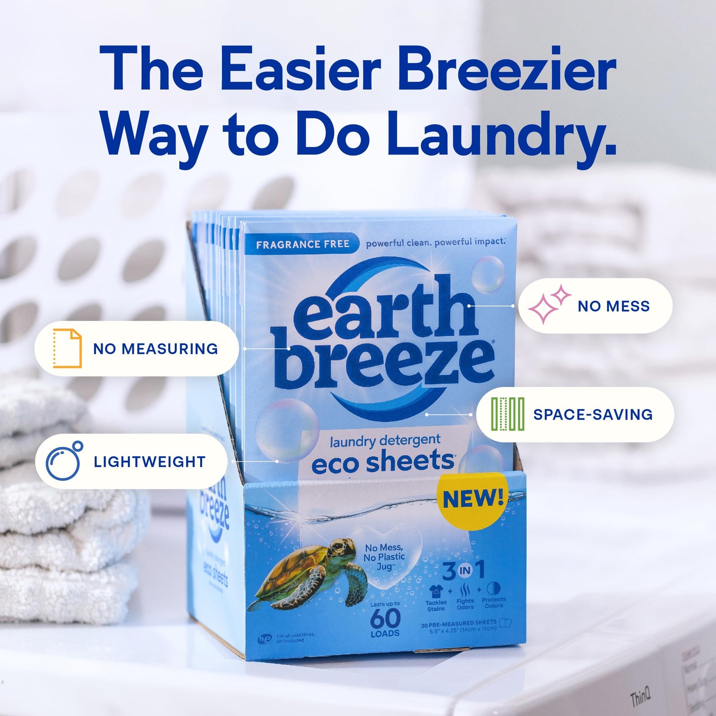 Earth Breeze Laundry Detergent Sheets - 30 Detergent Sheets - 60 Loads - Concentrated Liquidless Laundry Soap - No Plastic Jug - Fragrance-Free