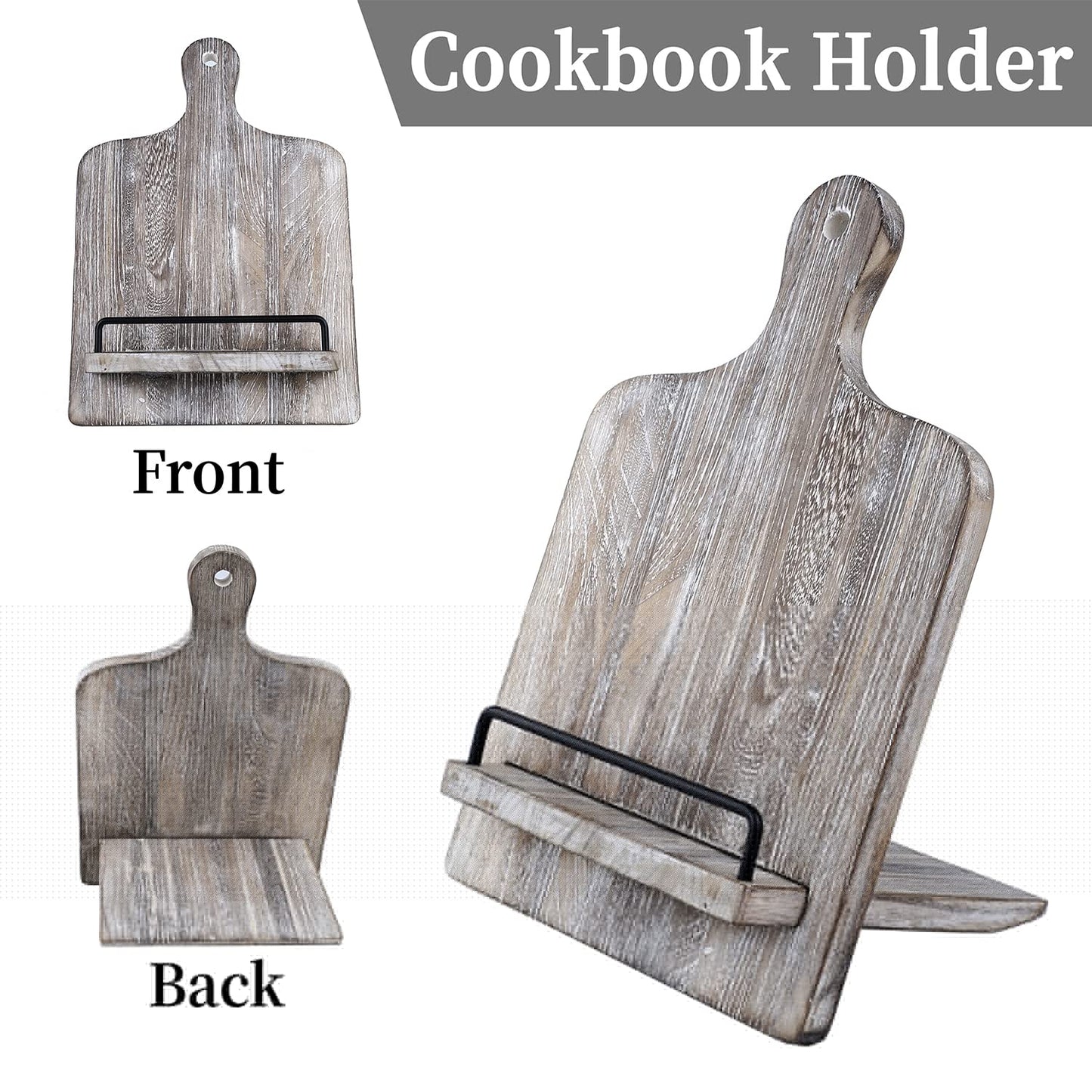 Cookbook Holder | Wood Cookbook Stand (Rustic Grey) Adjustable Pull-Out Recipe Holder Stand for Kitchen, Dining Room, Bedroom