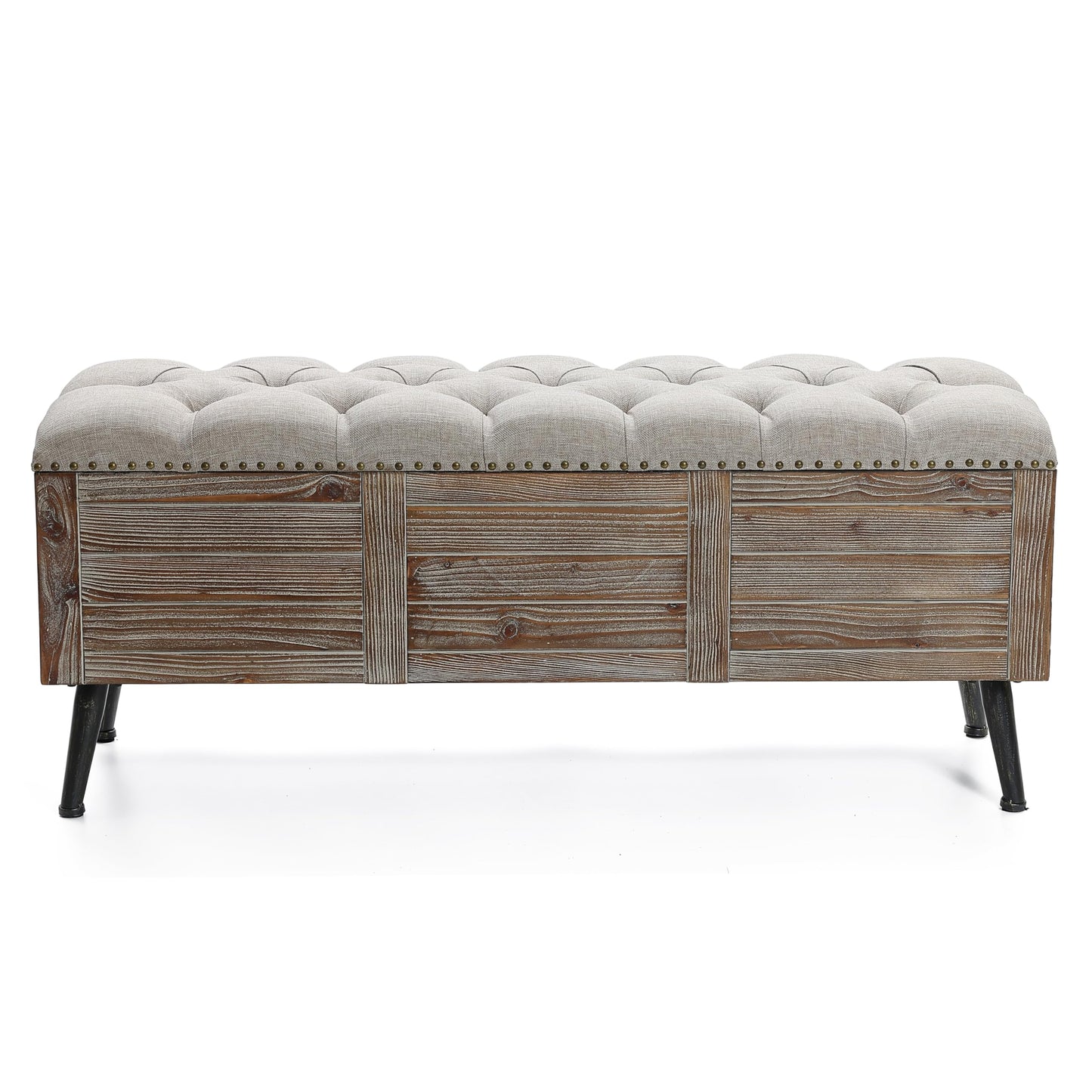 LuxenHome Storage Bench for Bedroom, 47" Wood Upholstered Bench with Storage and Seating, Luxury Beige and Brown Farmhouse End of Bed Bench, Storage Ottoman Bench for Living Room/Bedroom/Entryway