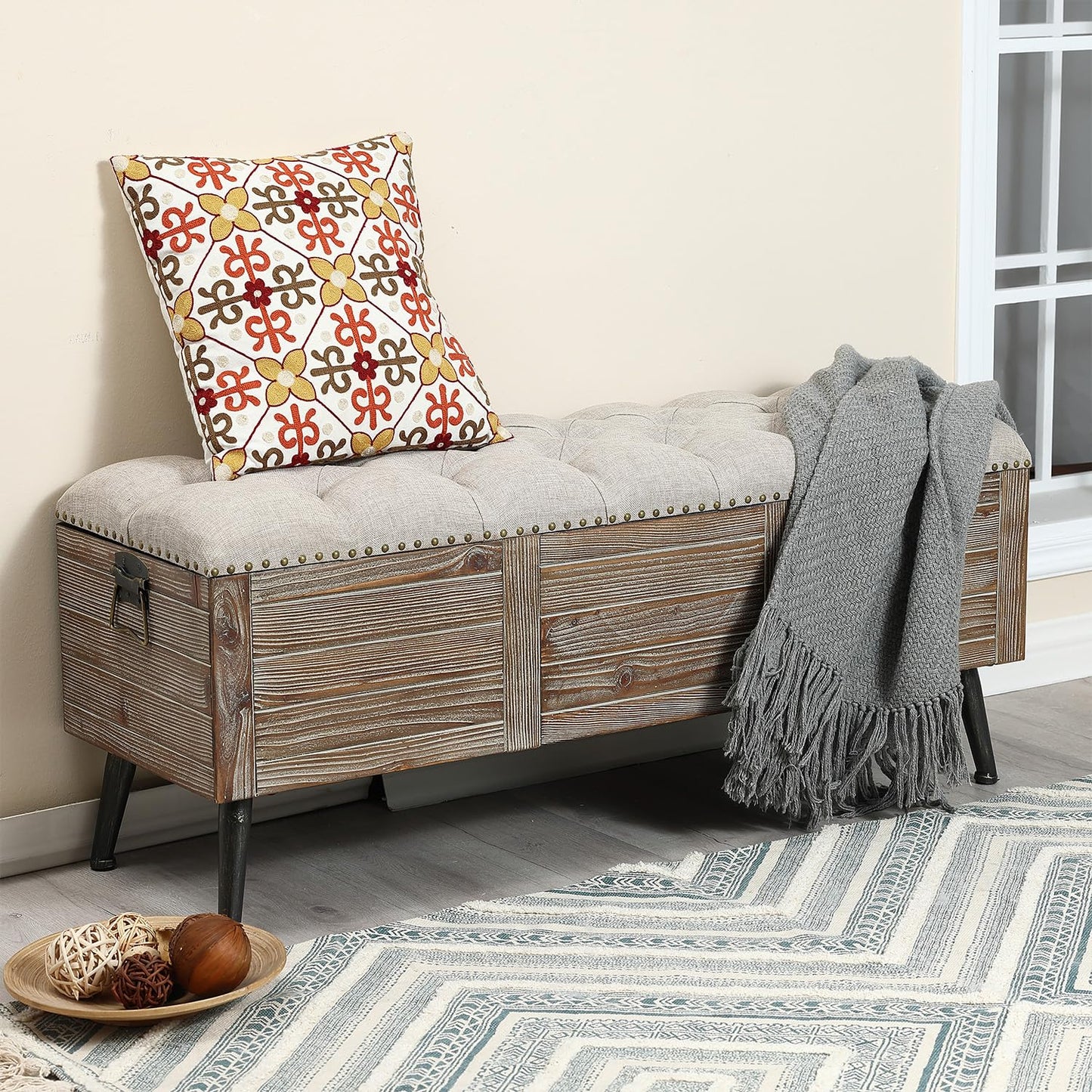 LuxenHome Storage Bench for Bedroom, 47" Wood Upholstered Bench with Storage and Seating, Luxury Beige and Brown Farmhouse End of Bed Bench, Storage Ottoman Bench for Living Room/Bedroom/Entryway