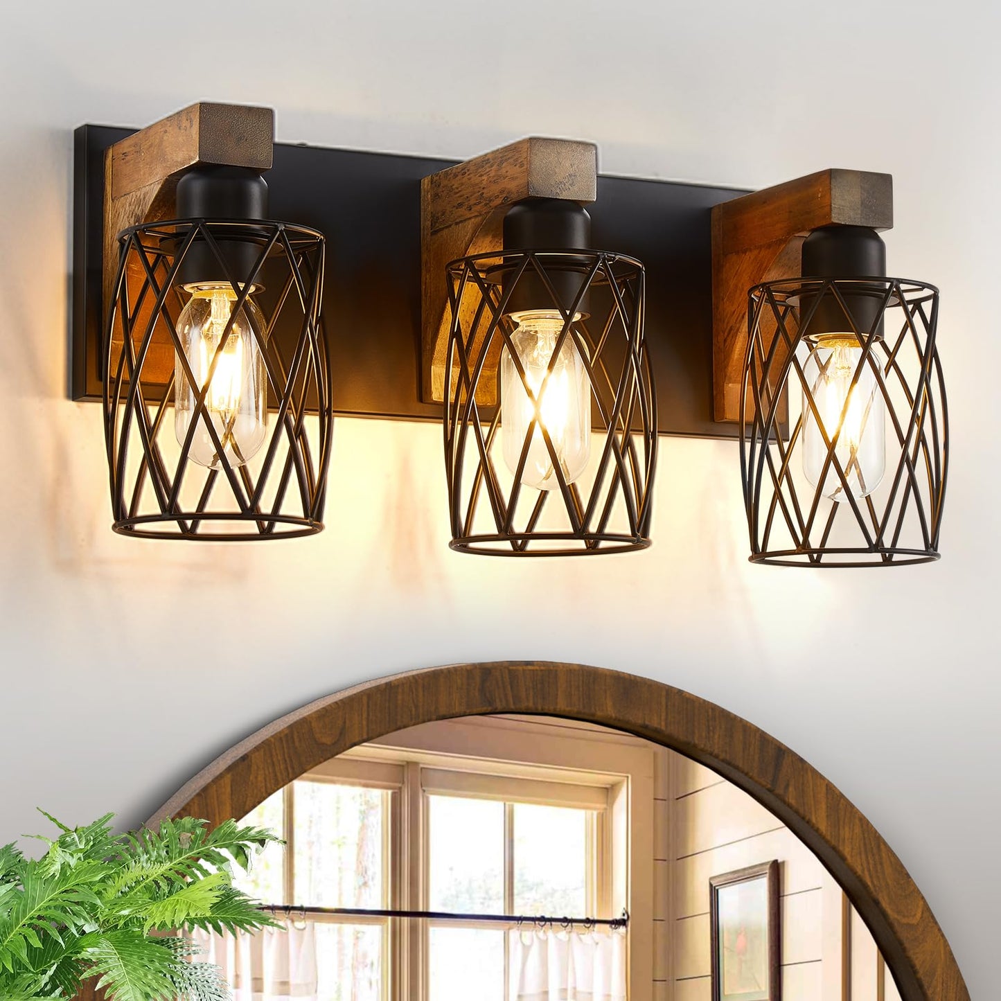 Farmhouse Bathroom Light Fixtures, Wood Bathroom Lighting Fixtures Over Mirror, 3-Light Vanity Light Fixture with Cage Metal Shade, Black Rustic Vanity Light for Bathroom, Hallway