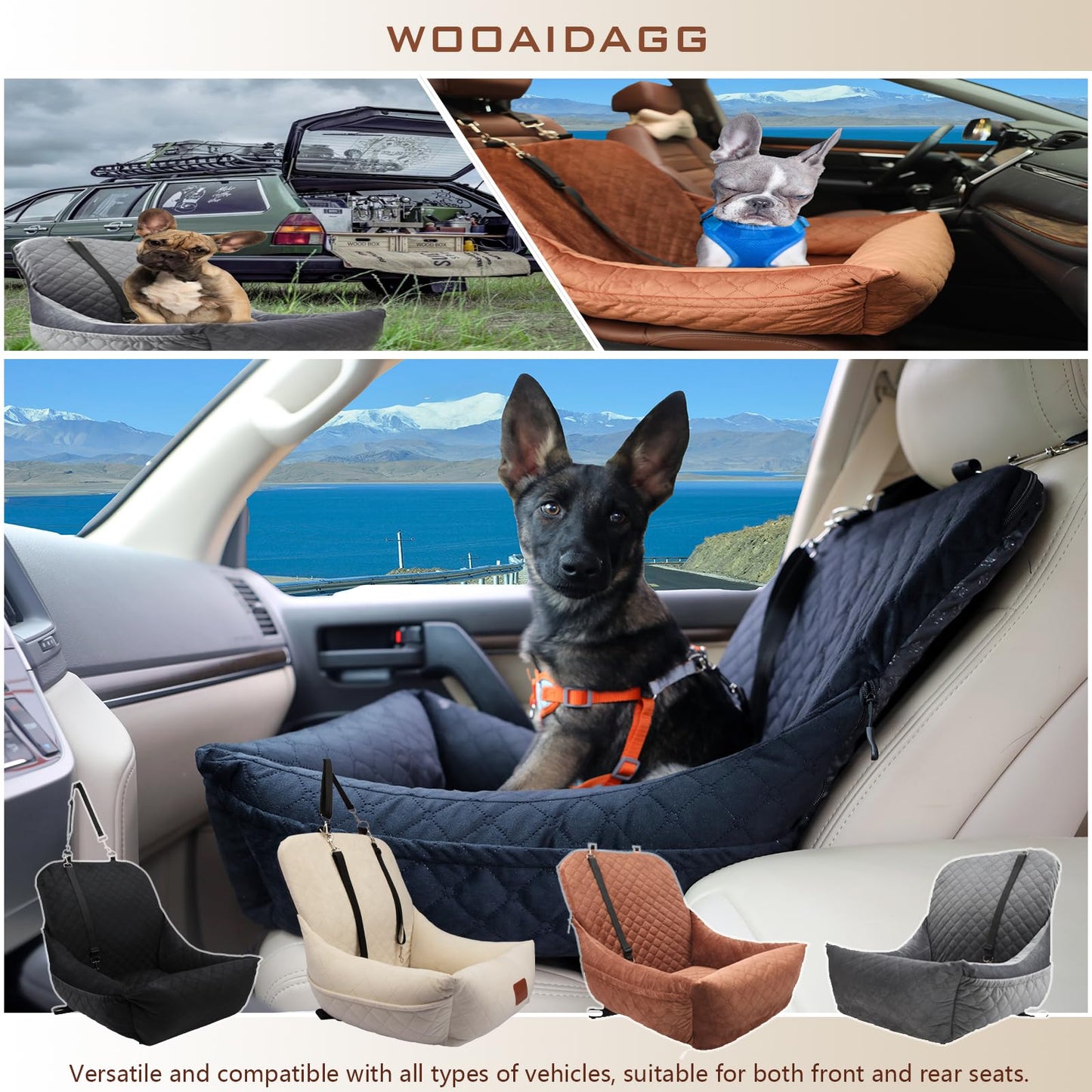 WOOAIDAGG Dog Car Seat for Small Dogs,Ultra-Soft Fabric Car Dog Seat with Storage Pockets,Extra Stable Pet Portable Car Seat wtih Safety Leash and Adjustable Straps,Easy to Install(Beige)