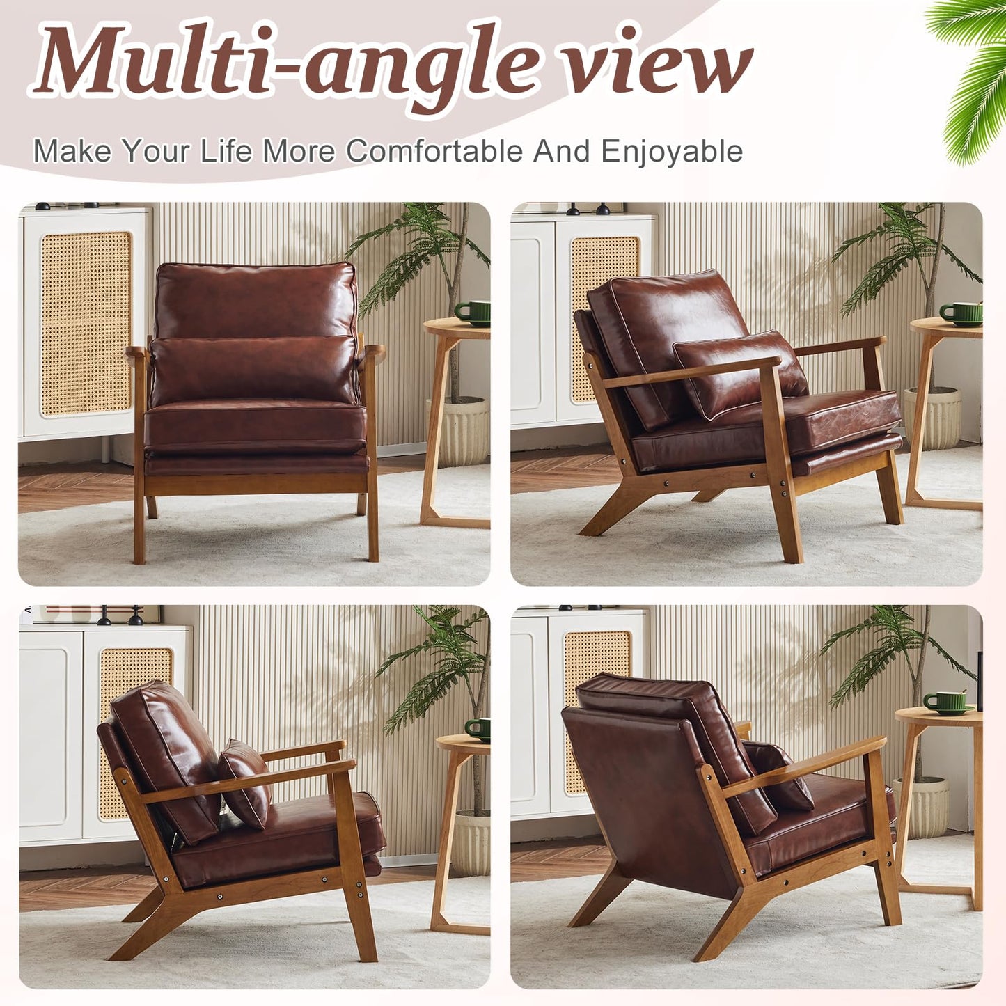 VINGLI Solid Wood Wide Armrests Accent Chair Set of 2,Upholstered Mid Century Modern Chair with Pillow,Farmhouse Arm Chair Comfy Reading Chair,Chairs Living Room,Bedroom,Guest Room,PU Leather,Brown