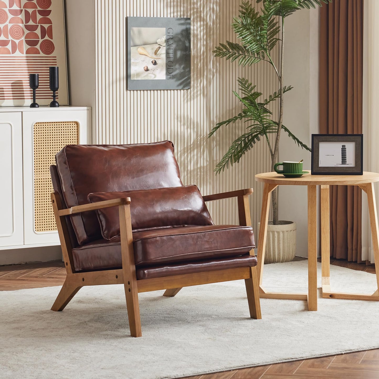 VINGLI Solid Wood Wide Armrests Accent Chair Set of 2,Upholstered Mid Century Modern Chair with Pillow,Farmhouse Arm Chair Comfy Reading Chair,Chairs Living Room,Bedroom,Guest Room,PU Leather,Brown