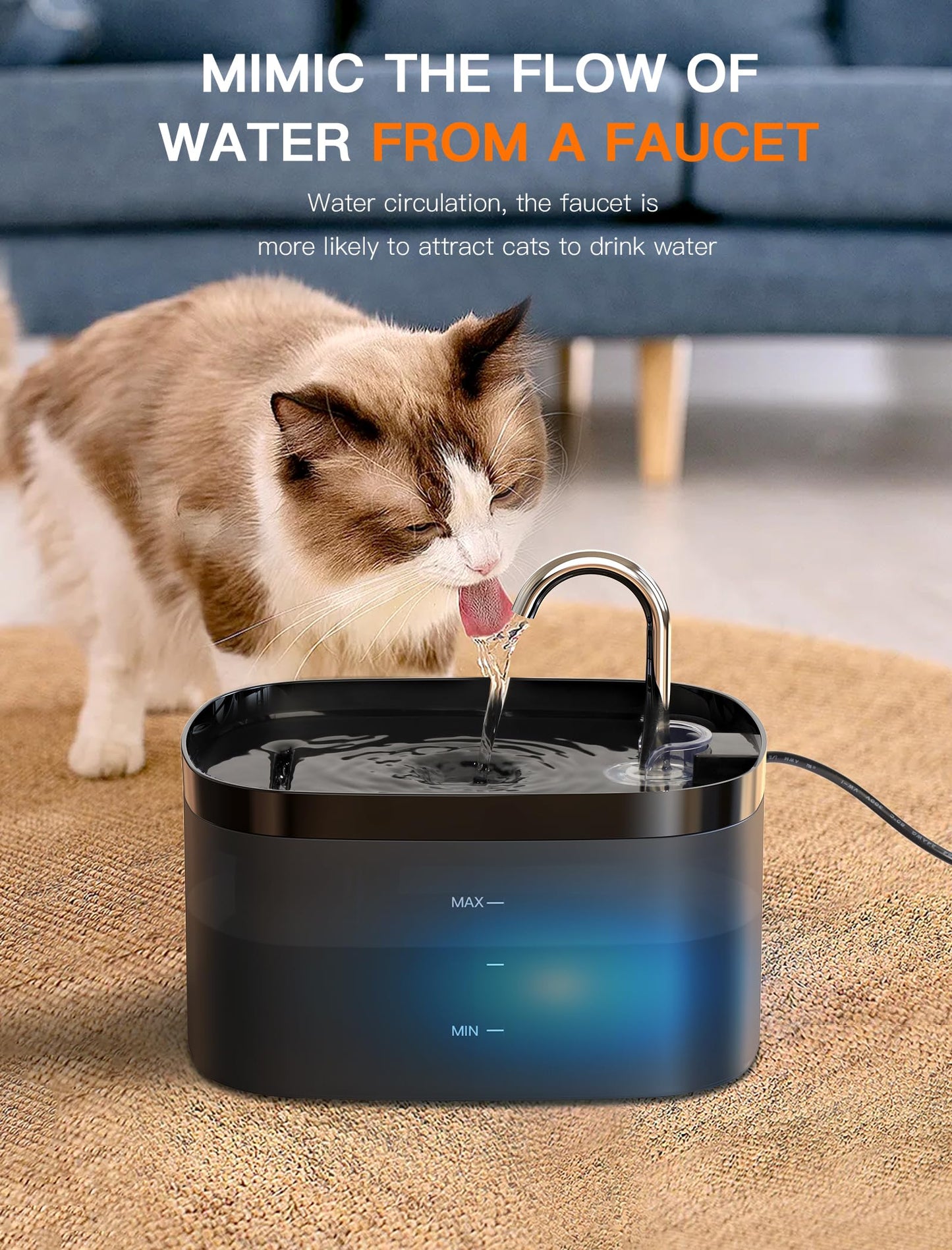 Cat Water Fountain, 84OZ/2.5L Cat Fountain, Super Silent Pet Water Fountain, Activated Carbon Filter, Translucent Pet Water Dispenser Suitable for Multiple Pets Family (Black)