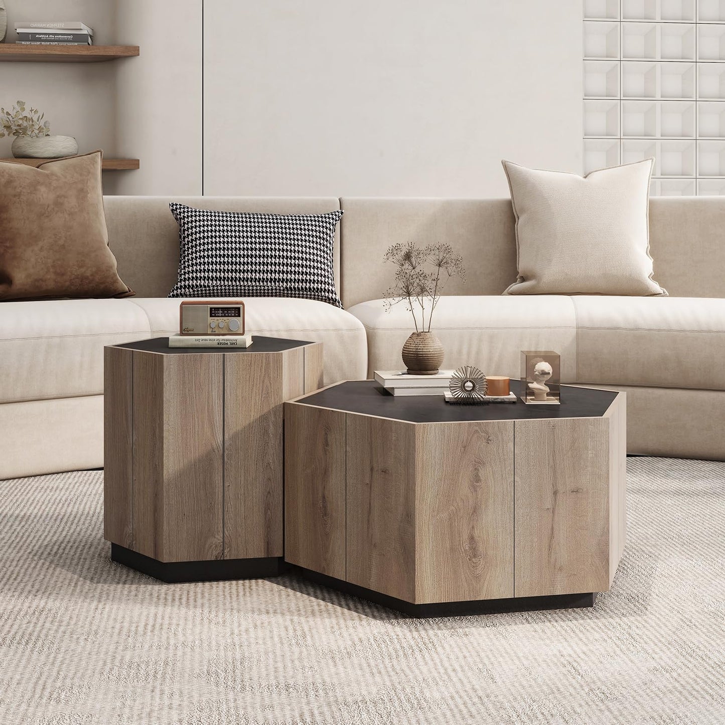 WESOME Unique Wood Coffee Table Set with Large 3 Drawers Living Room Essentials - Modern Farmhouse End Tables