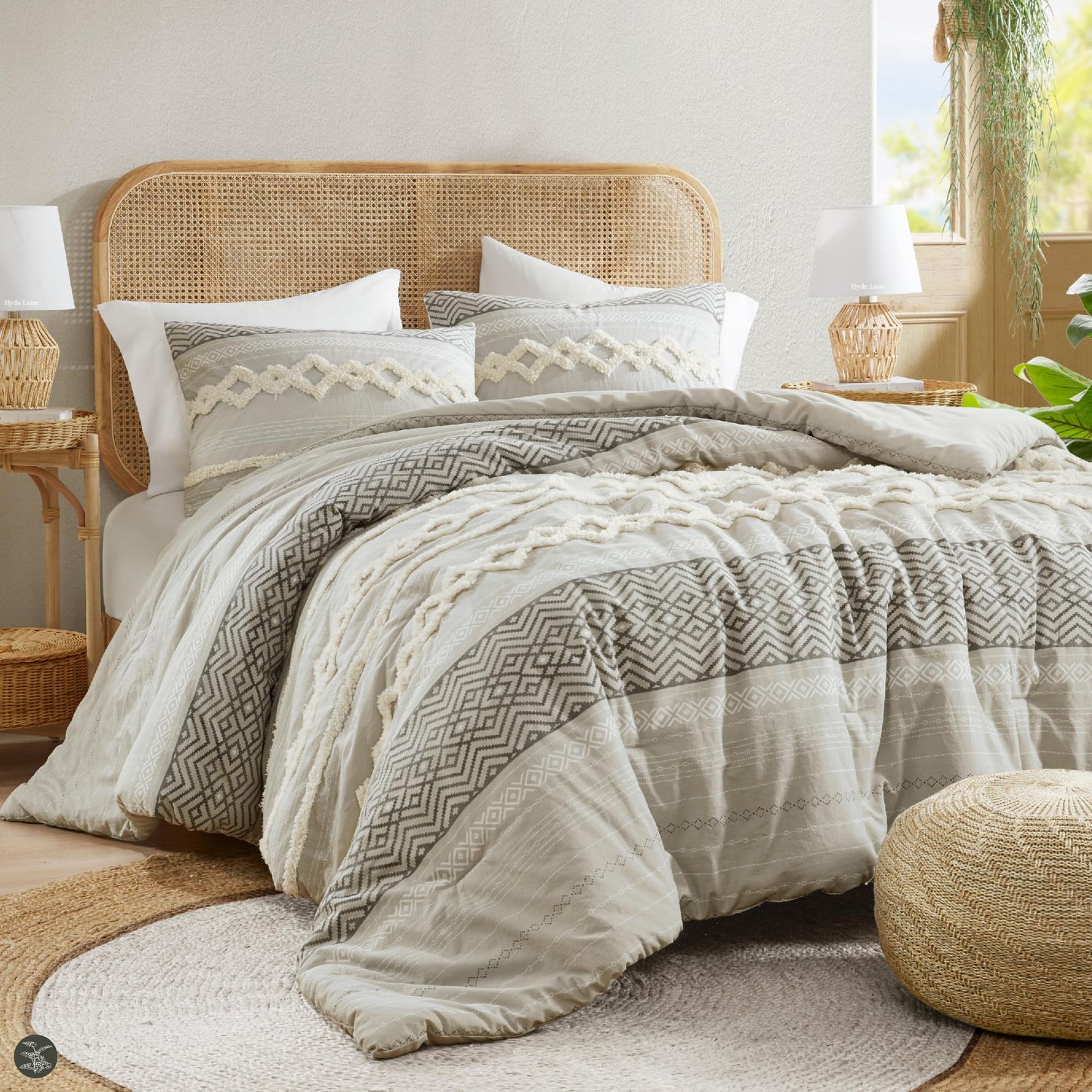 Hyde Lane Farmhouse Comforter Set Gray, Full/Queen Size Boho Bedding Sets, Cotton Top with Modern Neutral Style Clipped Jacquard Stripes, 3-Pieces Including Matching Pillow Shams (90x90 inches)