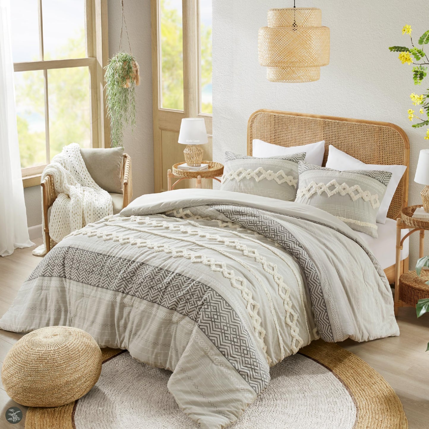 Hyde Lane Farmhouse Comforter Set Gray, Full/Queen Size Boho Bedding Sets, Cotton Top with Modern Neutral Style Clipped Jacquard Stripes, 3-Pieces Including Matching Pillow Shams (90x90 inches)