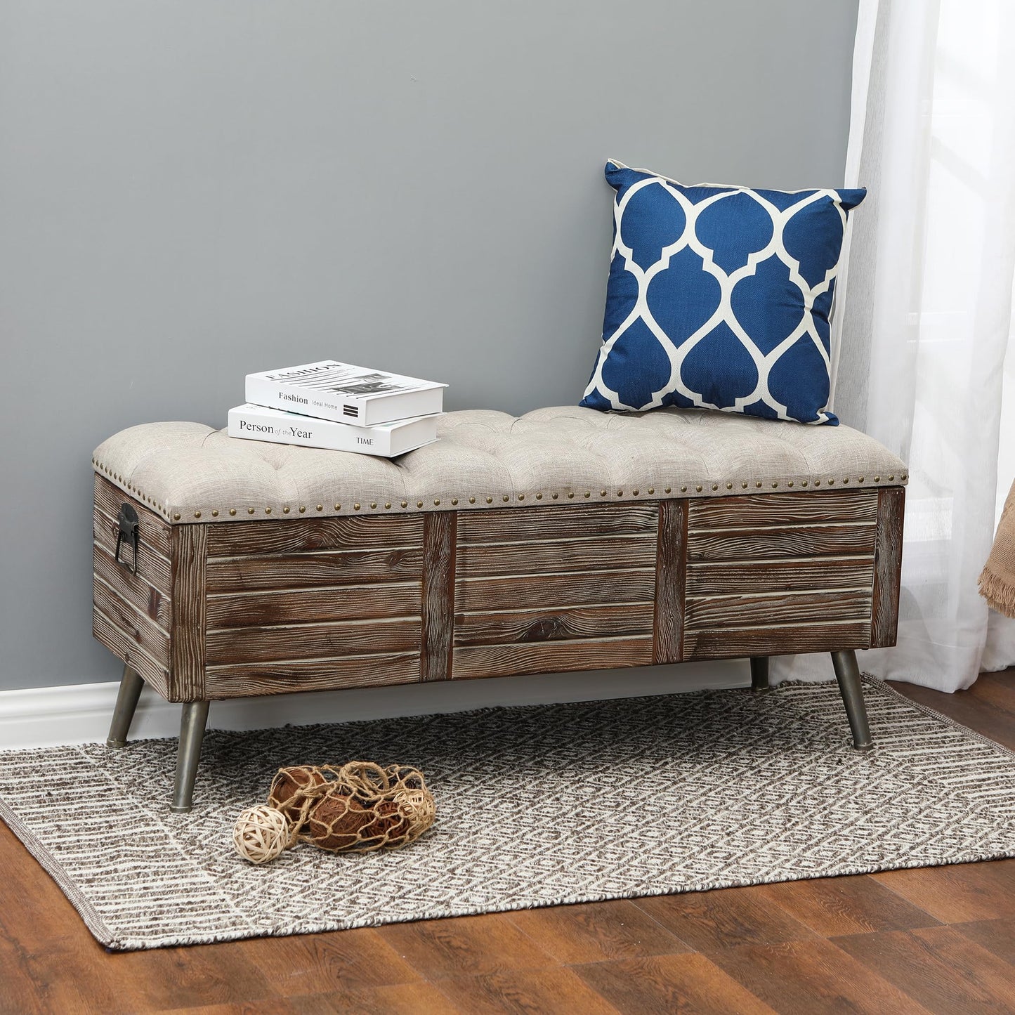 LuxenHome Storage Bench for Bedroom, 47" Wood Upholstered Bench with Storage and Seating, Luxury Beige and Brown Farmhouse End of Bed Bench, Storage Ottoman Bench for Living Room/Bedroom/Entryway