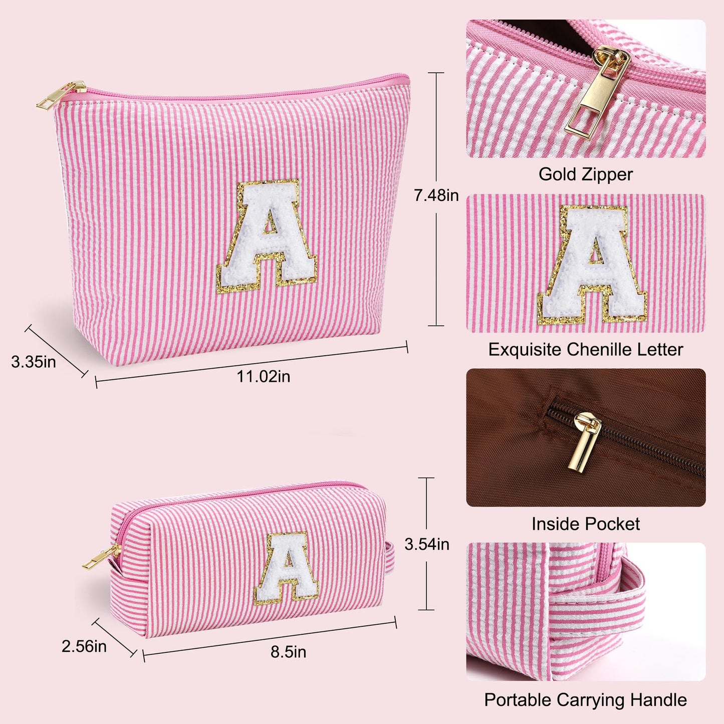 YOOLIFE Christmas Gifts for Girls | Personalized Initial Makeup Bag Pink Cosmetic Bag Travel Toiletry Bag Girlfriend Teacher Gifts 11 12 13 14 15 16 Years Old Girl Gifts Teen Girl Gifts Trendy Stuff A