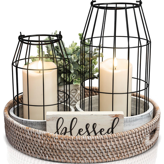 Rustic Farmhouse Lantern Decor Set of 2 - Stylish Decorative Lanterns for Your Living Room, Fireplace Mantle or Kitchen Dining Table - Modern Upscale Beauty for Your Entire Home